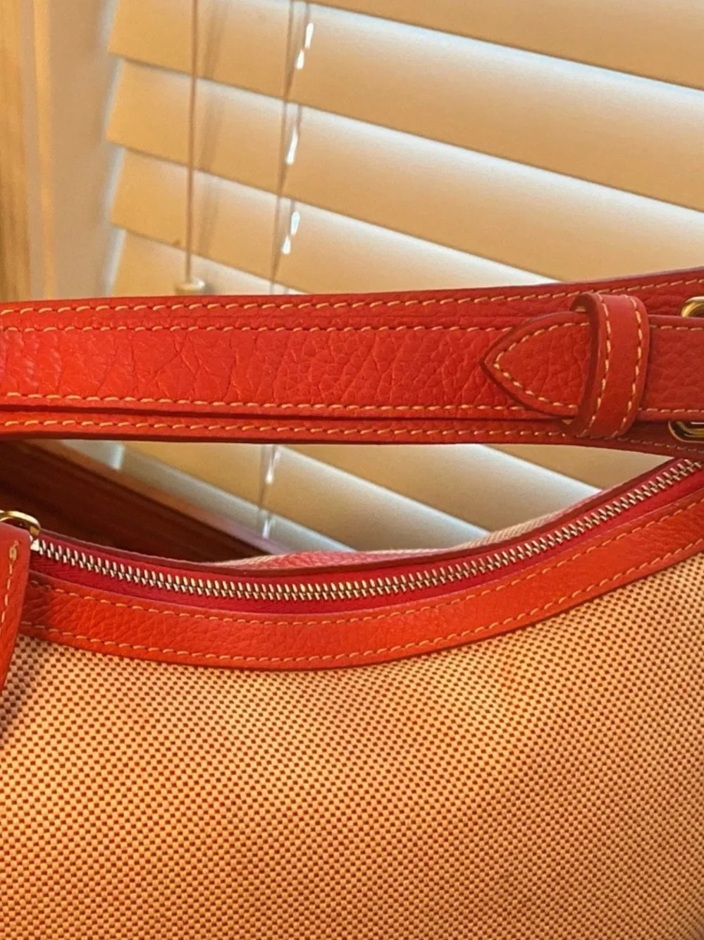 Dooney & Bourke Beige Canvas Shoulder Bag with Orange Leather Trim